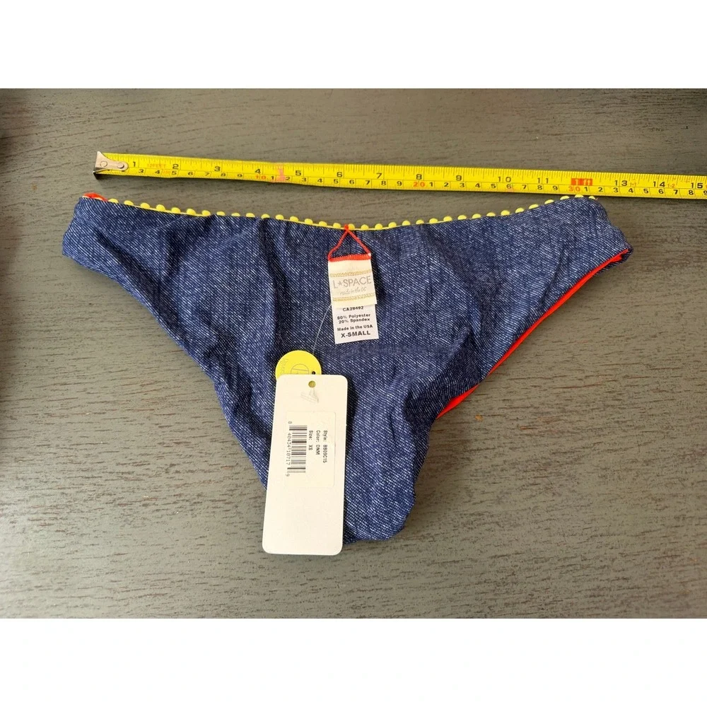 L*Space Monica Wise Reversible Denim Print Pom Pom Bikini Bottom XS BB09C15